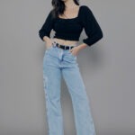 Calça Feminina Cintura Média com Fenda Lateral 30333 - Estonado com Puídos Azul Médio-034072, 34