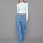 Calça Feminina Cintura Alta com Cós Deslocado 30358 - Estonado Azul Médio-034069, 34