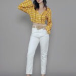 Camisa Feminina Manga Longa Tulipa Decote V CM.163.0002 - Estampado Mostarda-103686, PP