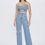 Calça Feminina Wide Leg Cintura Alta 30415 - Azul Médio com Pedrarias-005561, 36