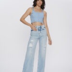 Calça Feminina Wide Leg Cintura Alta com Barra A Fio 30429 - Destroyed com Puídos Azul Médio-LAV-008, 36