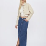 Saia Feminina Midi Slim com Fenda Frontal 30464 - Destroyed Azul Escuro-LAV-012, 36