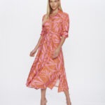 Vestido Feminino Chemise Longa Manga Longa VE.163.0038 - Estampado Folhagem Laranja E Rosa, PP