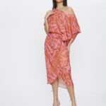 Saia Feminina Midi Amarração Frontal Sarjada SA.163.0035 - Estampado Folhagem Laranja E Rosa, 36