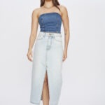 Saia Feminina Midi Slim com Fenda Frontal 30464 - Destroyed Azul Claro-LAV-013, 36