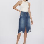 Saia Feminina Midi Slim com Fenda Frontal 30463 - Destroyed com Puídos Azul Escuro-LAV-007, 36